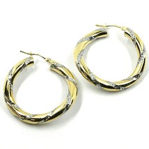 18K YELLOW WHITE GOLD CIRCLE HOOPS PENDANT EARRINGS, 3.1cmx4mm TWISTED, GLITTER image 1