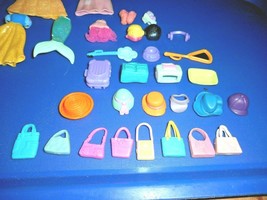Polly Pocket Items Hats Wigs Purses Dresses Dog Basket Dish Lot 31 Misc Pieces - $19.79