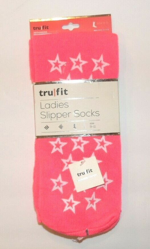 Primary image for Tru Fit Ladies Slipper Sock Non Slip Grips White Stars Pink 9-11 NWT