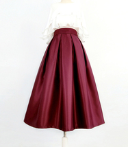 Women Burgundy Pleated Party Skirt High Waisted Pleated Midi Skirt A-line Plus  image 2