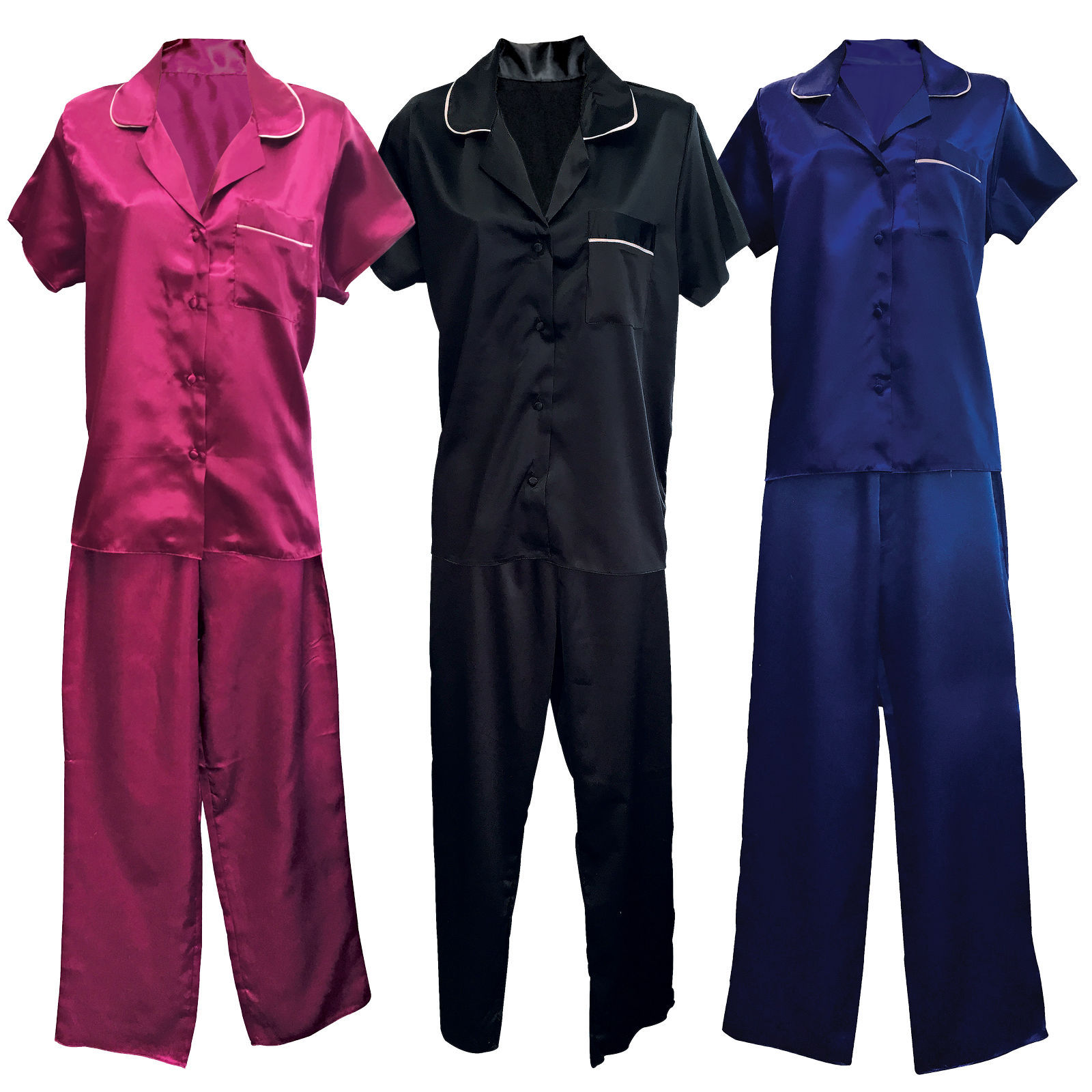Image of Womens Vintage Satin Button Down Night Shirt Top and Pants Bottoms Pajamas Set