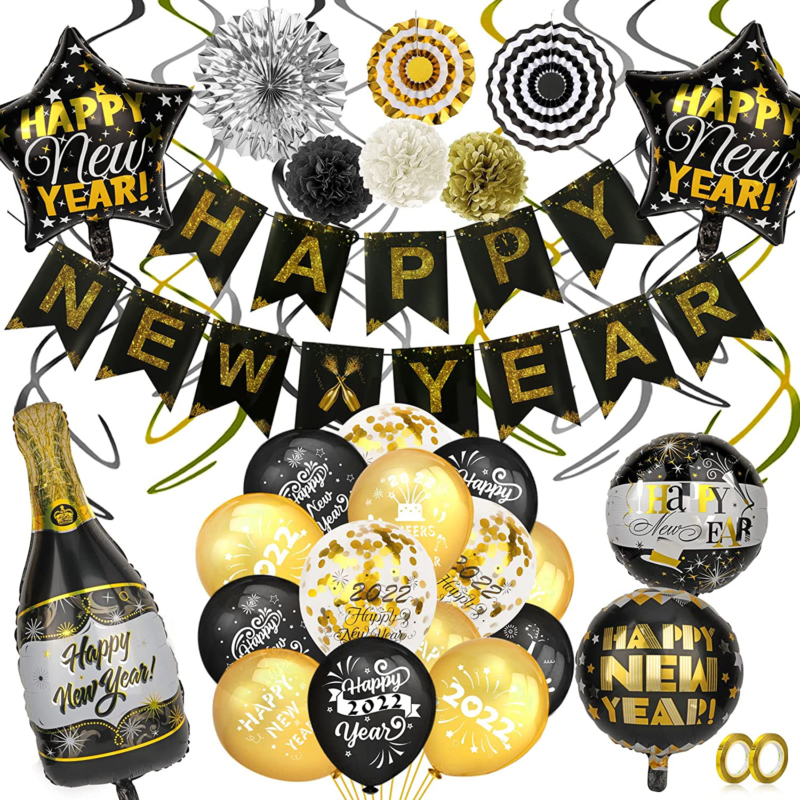 2022 Black Gold Happy New Years Eve Decorations Set Latex Balloons Tissue Pom