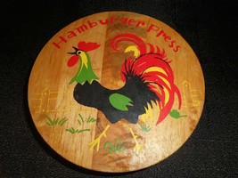 Round Wooden Hamburger Press Crowing Single Rooster Hinged MCM Kitchen D... - $22.76