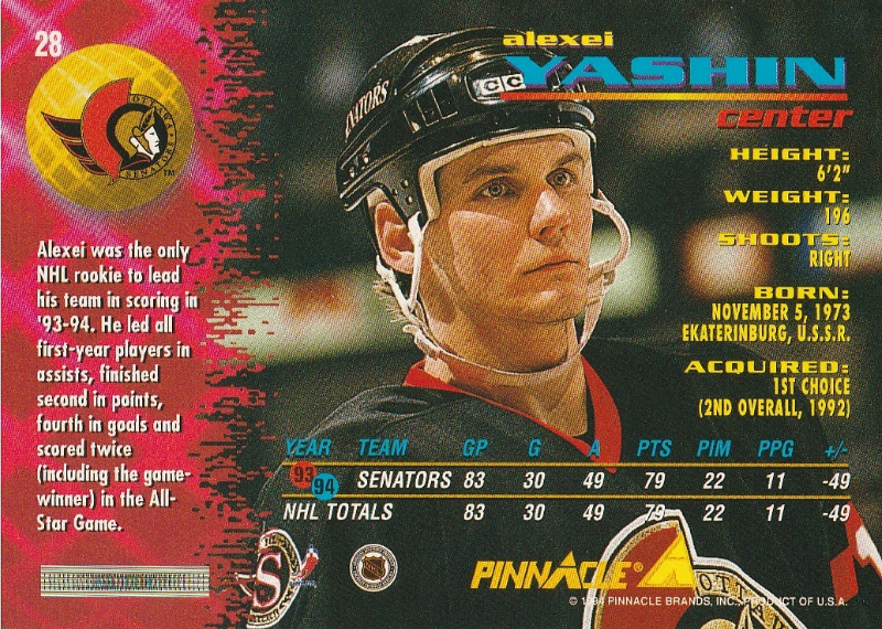1994-95 Pinnacle # 28 NM//MT Alexei Yashin Hockey Card