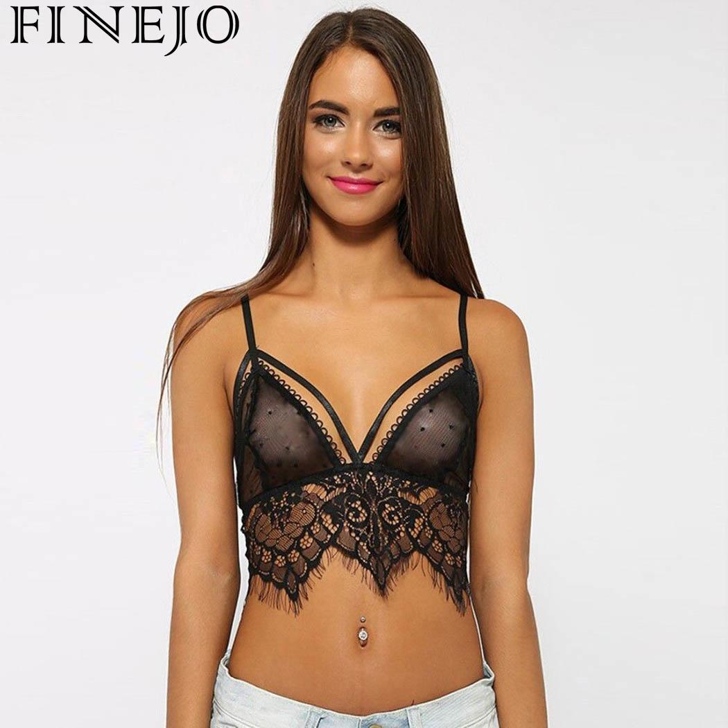 Finejo Lace Sheer Mesh Crop Sexy Women See Through Lingerie Top Bra T Shirts And Tank Tops 