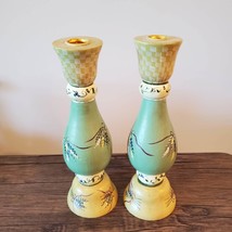 Hand Painted Candleholders, set of 2, Vintage Mills River Industries 1998 Green image 2