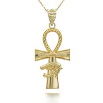 14K Solid Gold Textured Ankh Cross Eye of Horus Pendant Necklace  - $237.48+