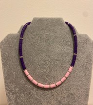 Heishi beaded necklace polymer disc pink purple handmade summer choker - $15.00