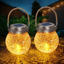 2 Solar Lanterns with Crackle Glass Balls   -   Amber Warm LED Lamps w. 2 Modes image 1