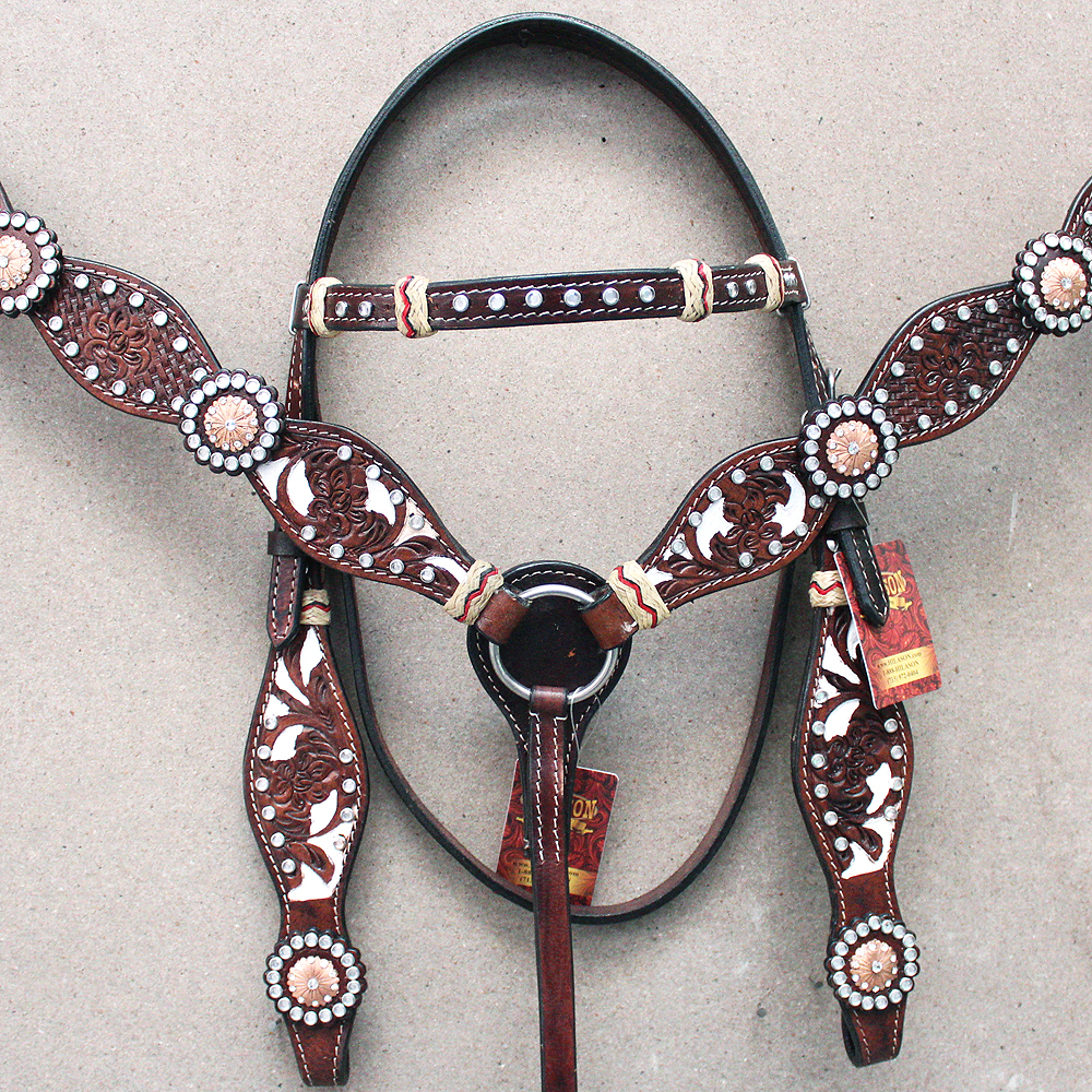 WESTERN LEATHER HORSE BRIDLE HEADSTALL BREAST COLLAR DARK BROWN WHITE