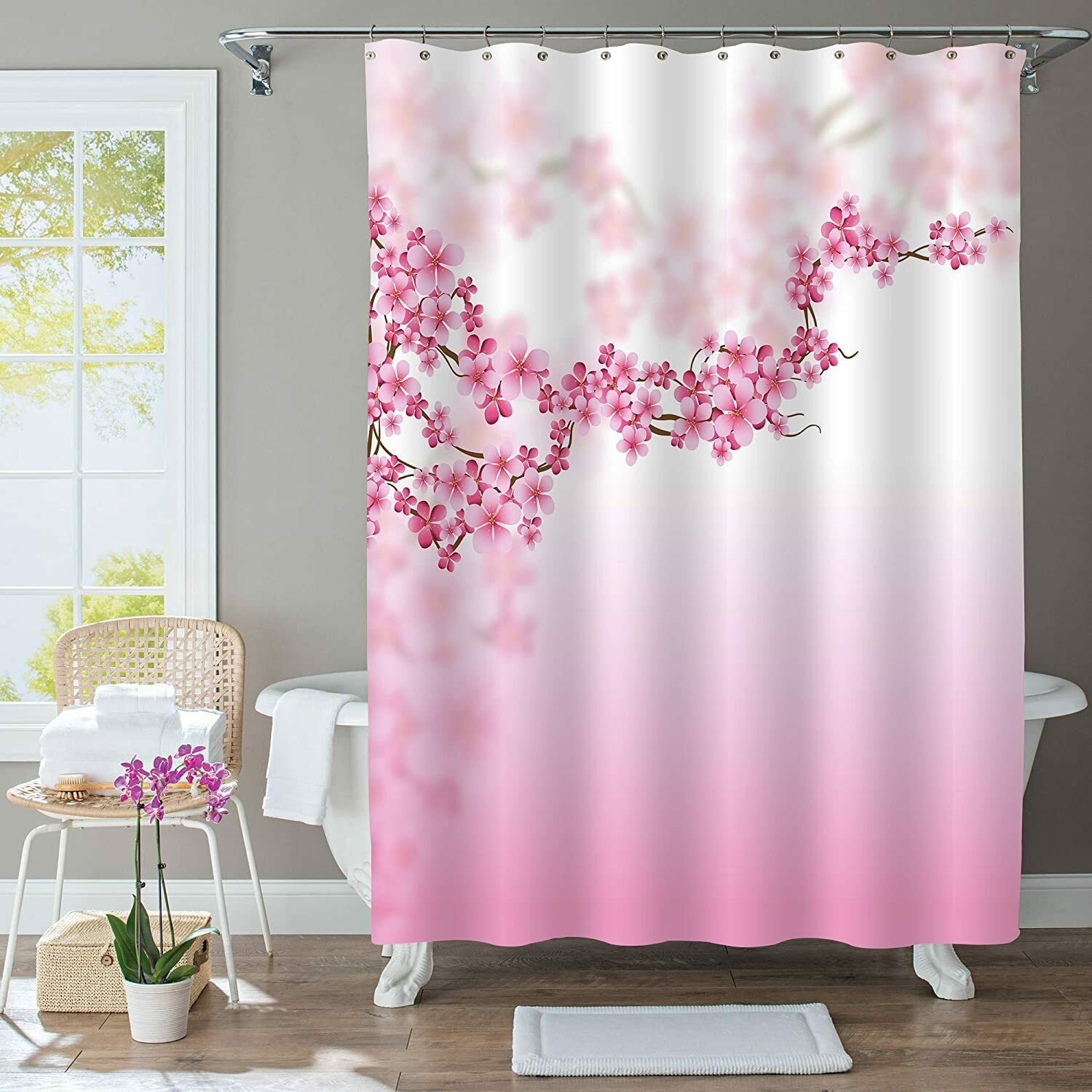 Nice Pink White Brown Branch Cherry Blossom Floral Boho Fabric Shower