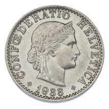 1933 Suiza 20 Rappen Moneda (About que No Ha Circulado, Au Estado) Km#29 - $88.36