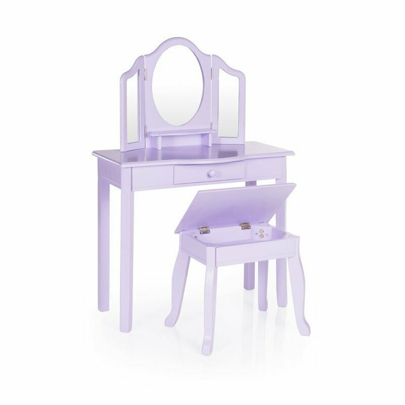 Girls Lavender Purple 3 pc Vanity Set Mirror Wooden Table Stool Makeup