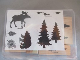 Stampin Up! 1998 wood block set 6 pieces pine trees moose bear geese pine cone - $16.61