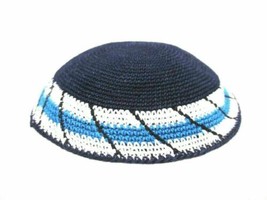 yamaka Kippah Knit Crochet Blue White Striped Band Jewish Cap - $8.81