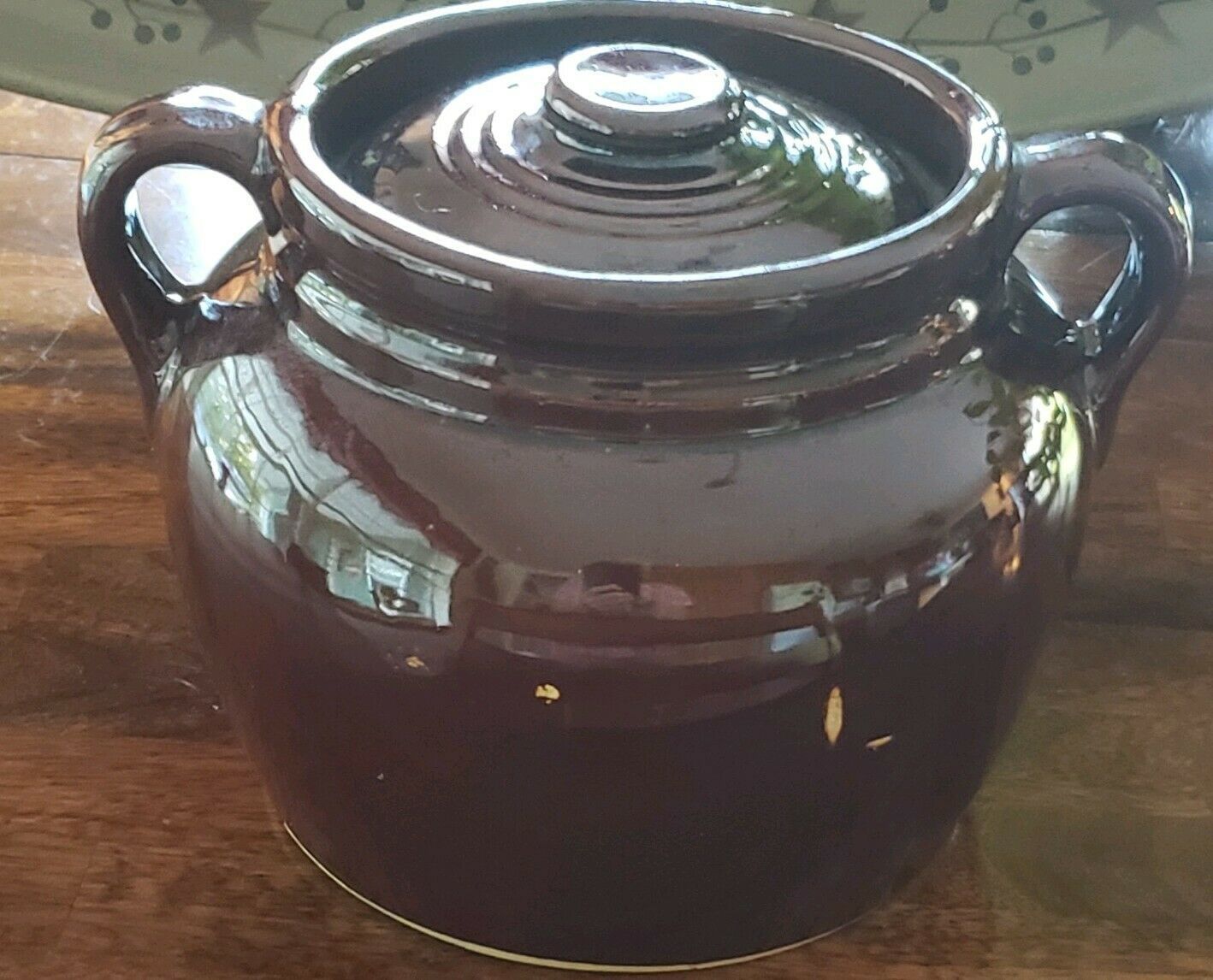 Vintage Brown Glazed Bean Pot Side Handles & A Lid USA Pottery