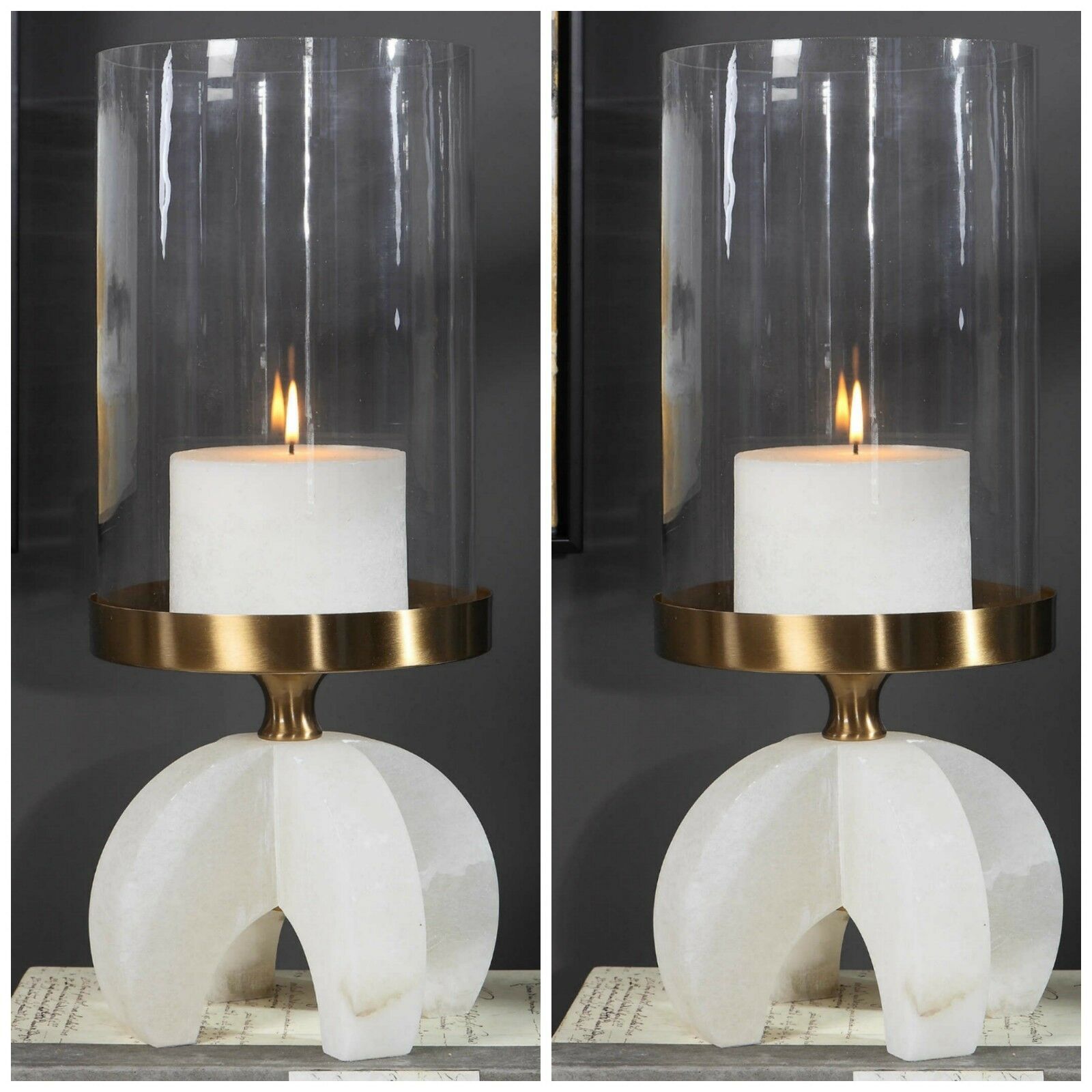 PAIR XXL 20" PILLAR CANDLE HOLDER POLISHED ALABASTER STONE BASE GLASS