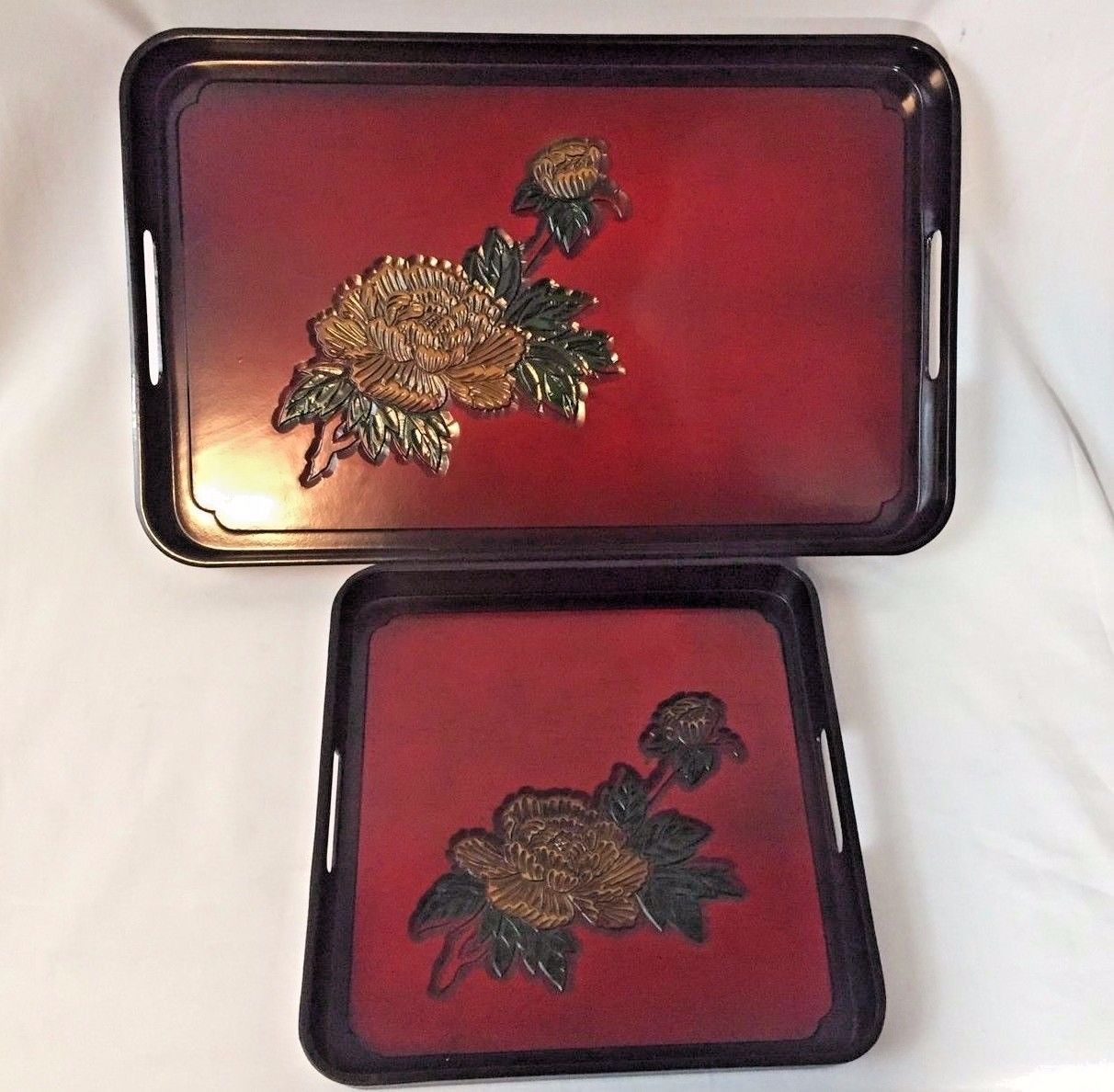 Vintage Japanese Serving Tray Set Barware Heavy Plastic Floral Trays