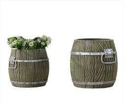 Barrel Style Planter Pots Set of 2 Cement Garden Home Decor 8.4" high 7" high