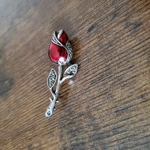 Rose Brooch, Silver Tone with Red Enamel and Rhinestones, Vintage Jewelry image 2