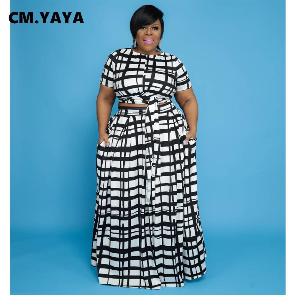 Plus Size Plaid Tie Up T-shirt and Maxi Skirts Two Piece Set