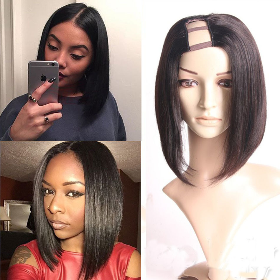 U Part Wig Short Bobs for Women Natural Color Straight Human Hair 8-14 Inches