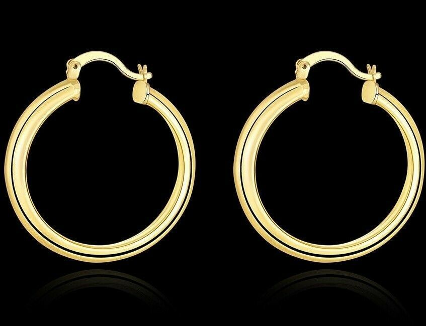 14k Yellow Gold Shiny Round Huggies Hoops Earrings 34mm French Lock ITALIAN