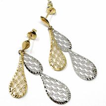 18K YELLOW WHITE GOLD PENDANT EARRINGS, DOUBLE WORKED OVERLAPPED DROPS, 4.5cm image 4