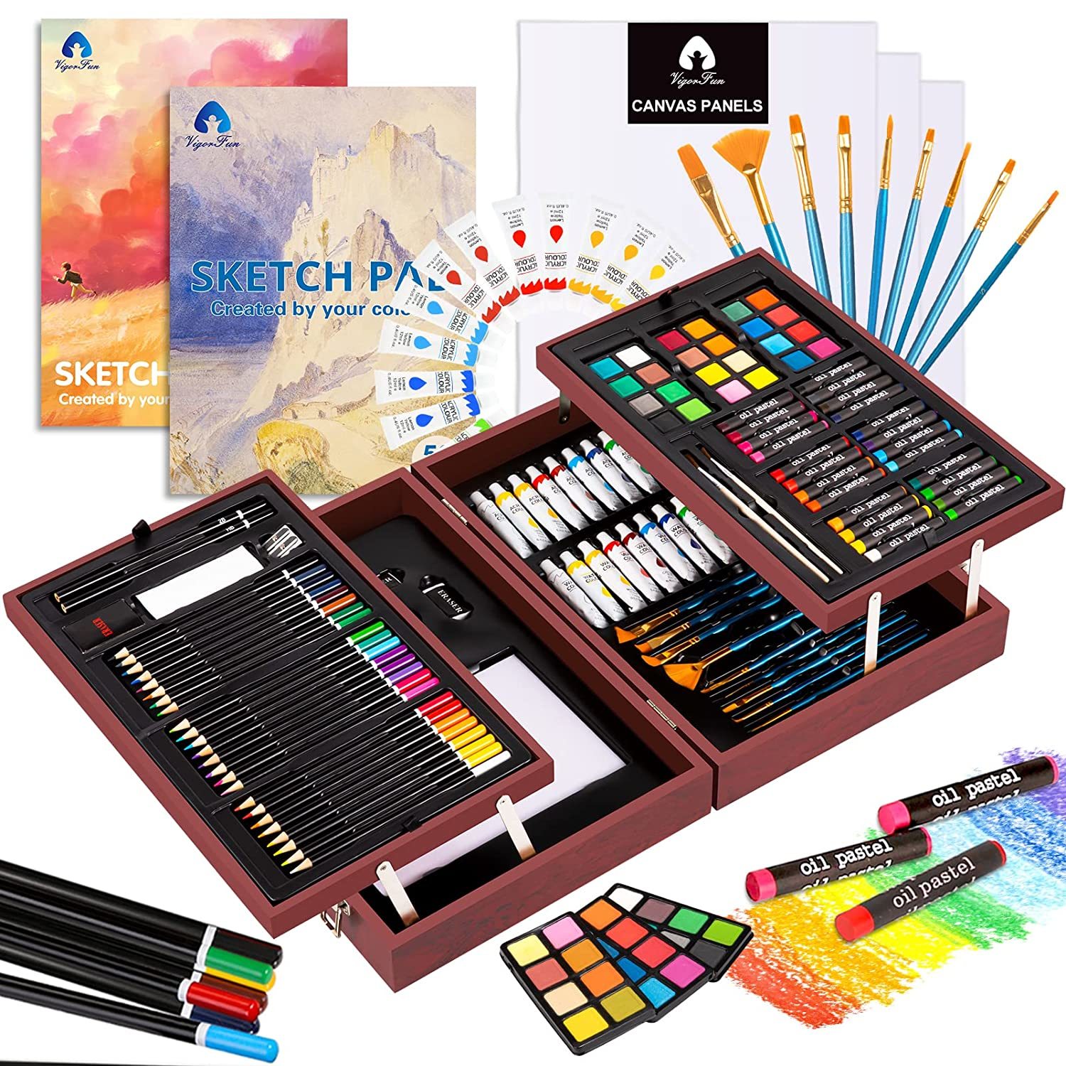 Art Supplies, 130 Pieces Wooden Art Set With 2 Drawing Pad, Portable Art Case Pa