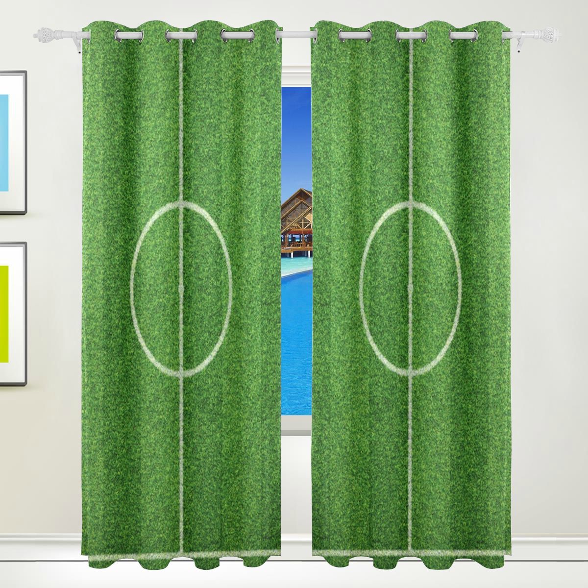 2 Panel Curtains For Living Room Soccer Green Football Stadium Print ...