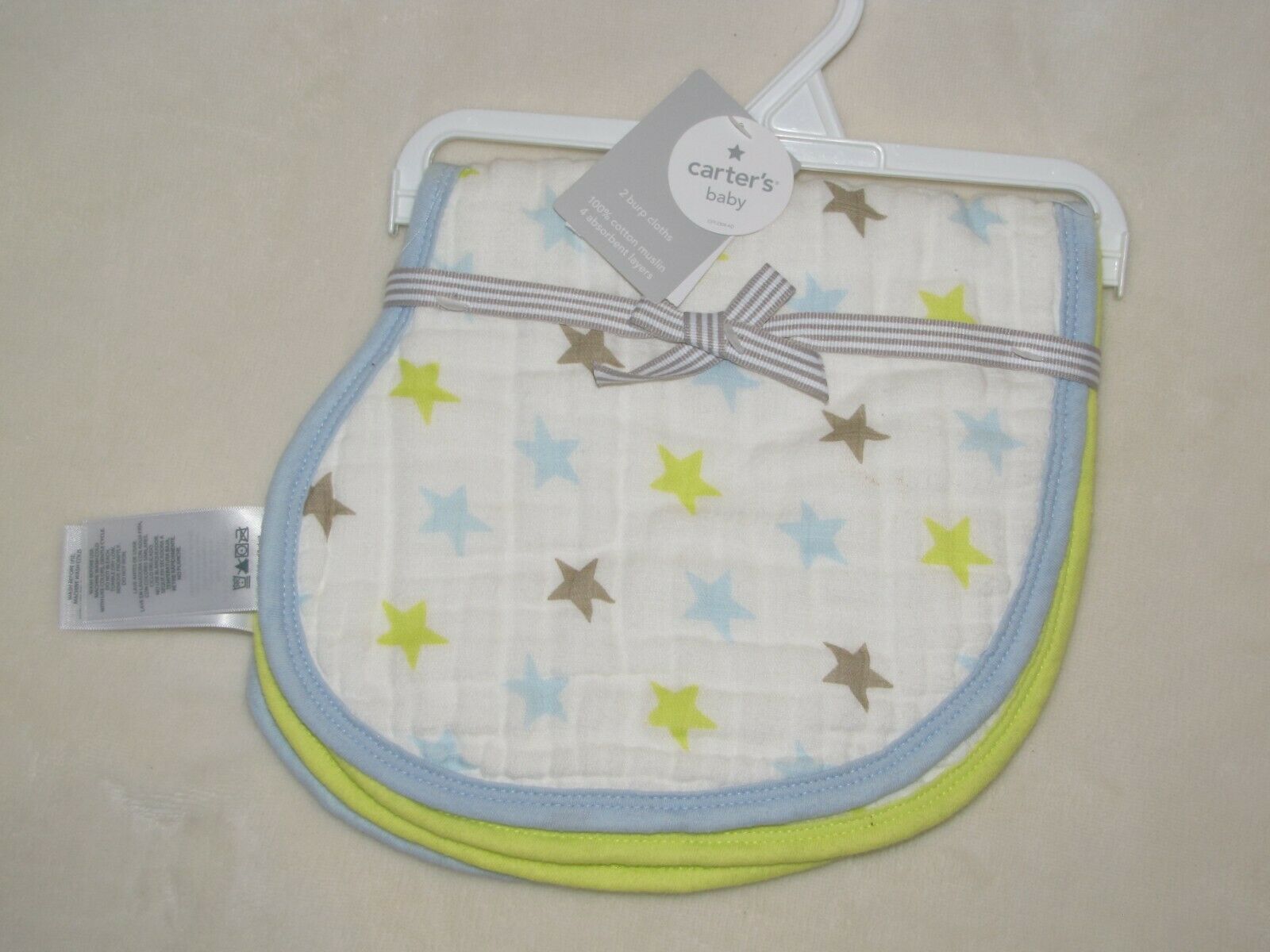 Primary image for Carters 2 Cotton Muslin 4-layer Burp Cloths Blue Lime Green Tan Star Polka Dot
