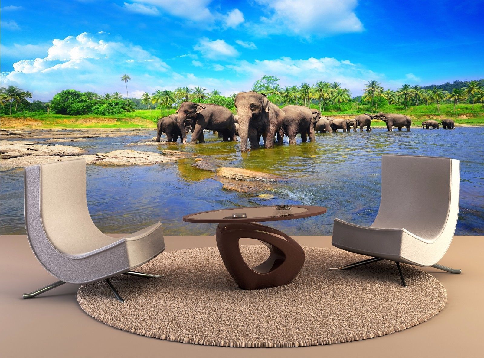 Elephant Wall Mural Elephant group in the river Photo ...