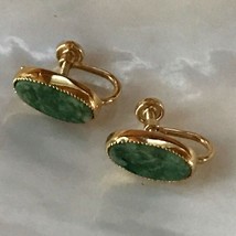 Vintage Gold-Filled Marked Small Oval Green Marbled Stone Screwback Earr... - $13.99