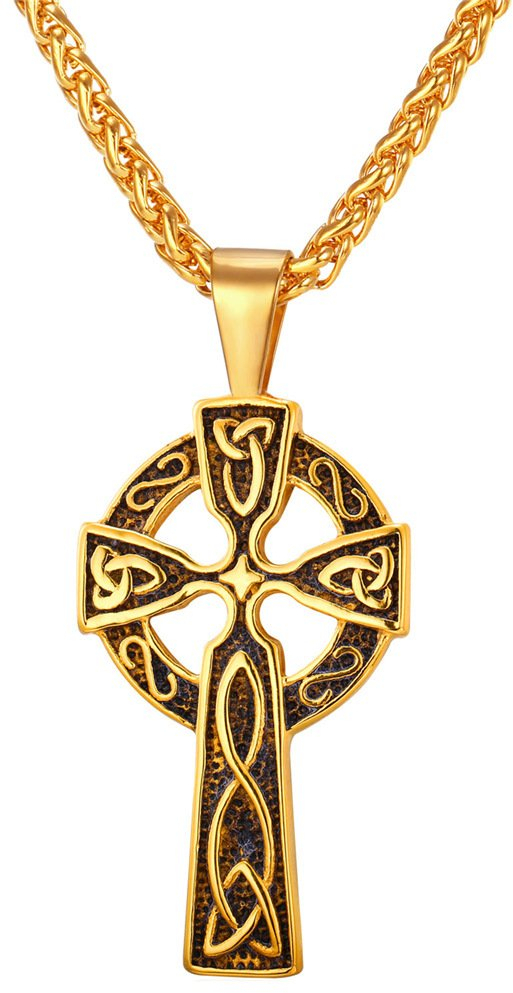 U7 Antique Celtic Cross Necklace for Men 18K Gold Plated Rope Chain ...