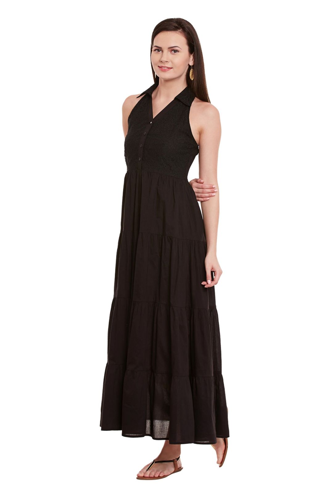 Front Button Down Maxi Dress In Black Color With Half Collar Dresses
