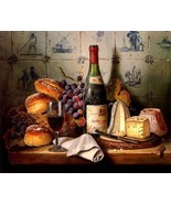 A FINE MEAL TABLE OF CHEESE BREAD WINE GRAPES PAINTING BY RAYMOND CAMPBE... - $10.96+