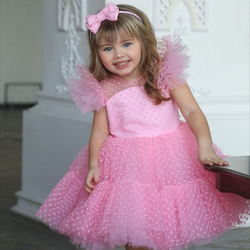 New beautiful elegant pink polka dot mesh rich tulle princess dress for girls