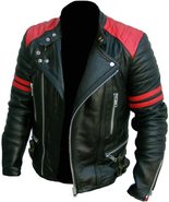 Men&#39;s Brando Biker Retro Motorcycle Black Red Stripes Real Leather Jacket - $120.00