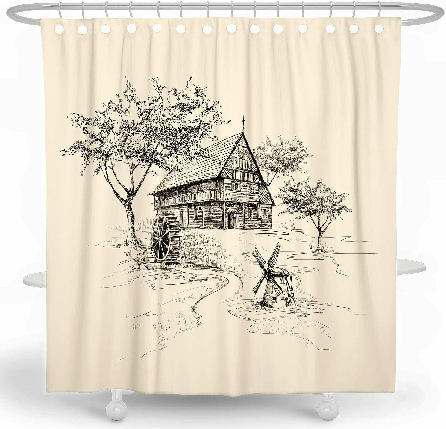 Beige Neutral Cabin Rustic Farmhouse Cottage Windmill Fabric Shower ...