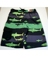 Hang Ten Swim Surf Shorts Boys Large Sharks Green Black Trunks Velcro Po... - $8.88
