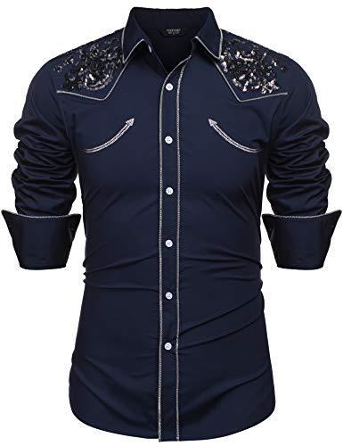 COOFANDY Men's Long Sleeve Sequin Embroidered Button Down Western ...