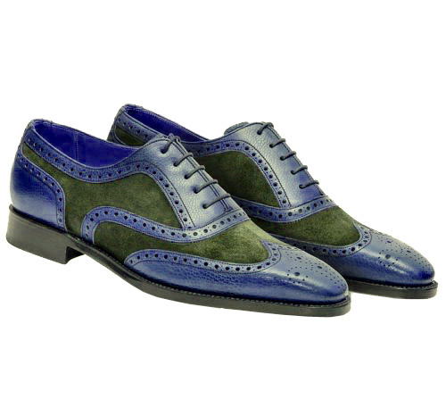 Two Tone Blue Green Brogue Toe Wingtip Black Sole Suede Leather Laceup Shoes