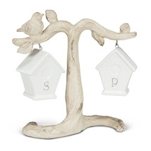 Bird House Salt Pepper Shakers Hanging on Tree Branch Ceramic 7" High Ivory  image 1