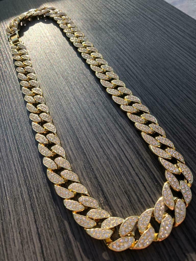 Mens Iced out Miami Cuban Link Chain 14k Gold Finish Bling Bust Down
