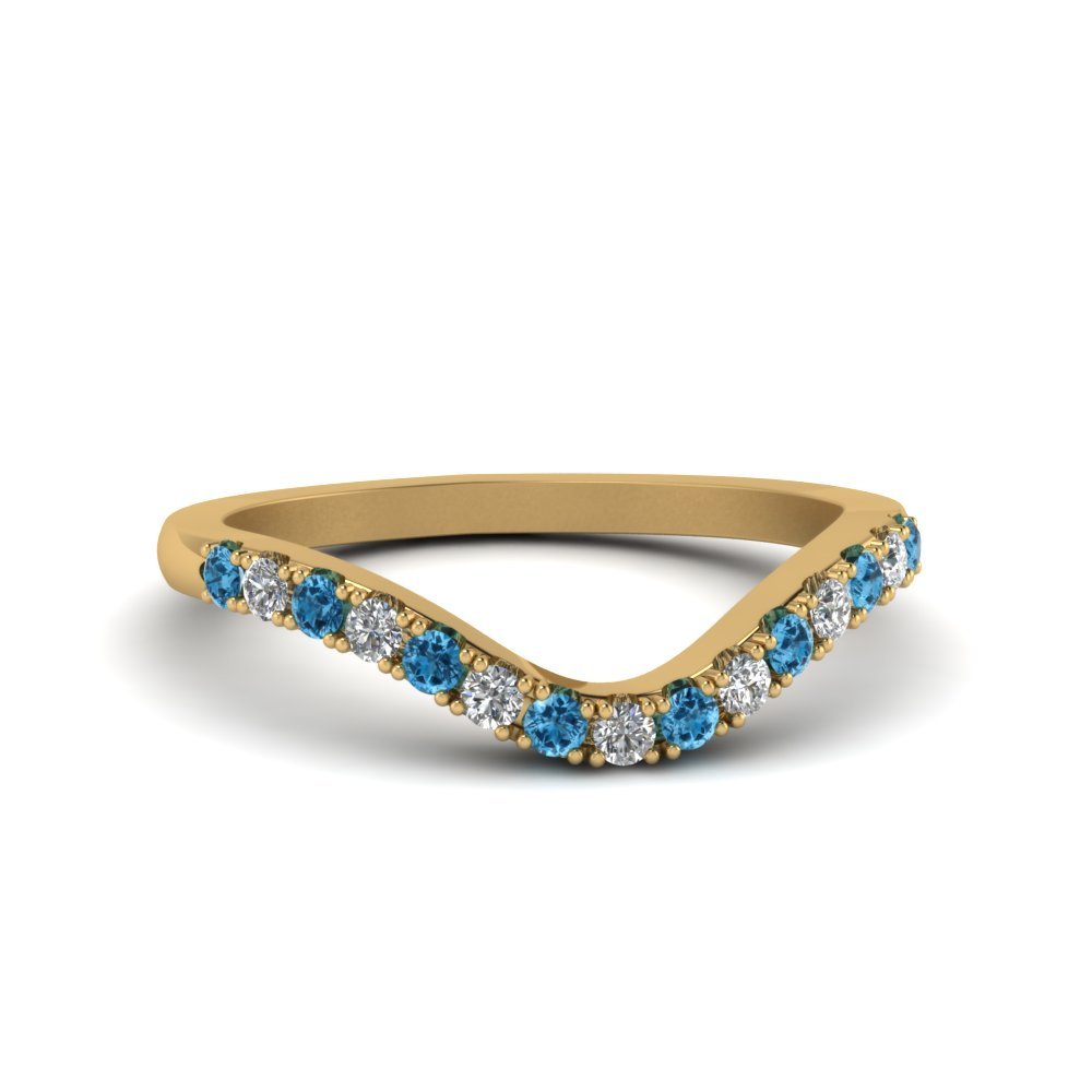 Custom Blue Topaz & CZ Diamond 14K Yellow Gold FN Curved Wedding Band Ring