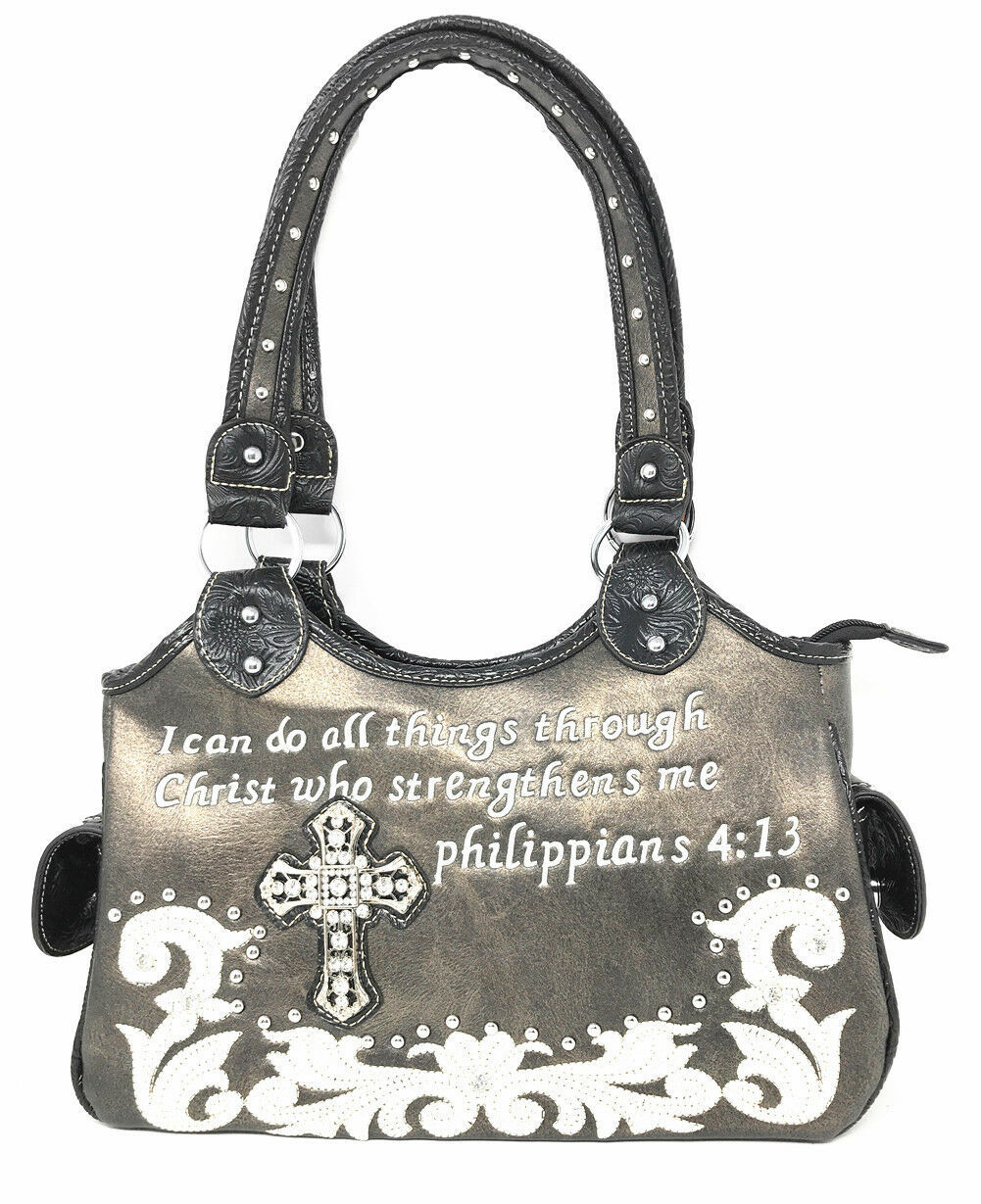 Concealed Carry Bible Verse Rhinestone Cross Flora Embroidered Women