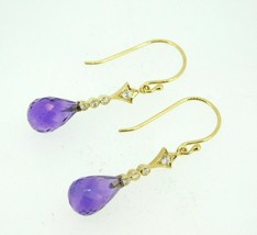 14k Yellow Gold Briolette Genuine Natural Amethyst and Diamond Earrings (#J4478) - $450.00