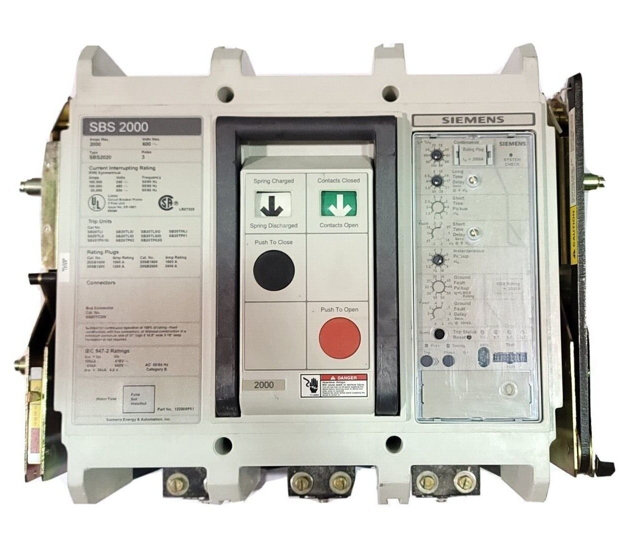 SIEMENS SBS2020 DRAWOUT CIRCUIT BREAKER SBS 2000 W/ 2000A TRIP UNIT AND