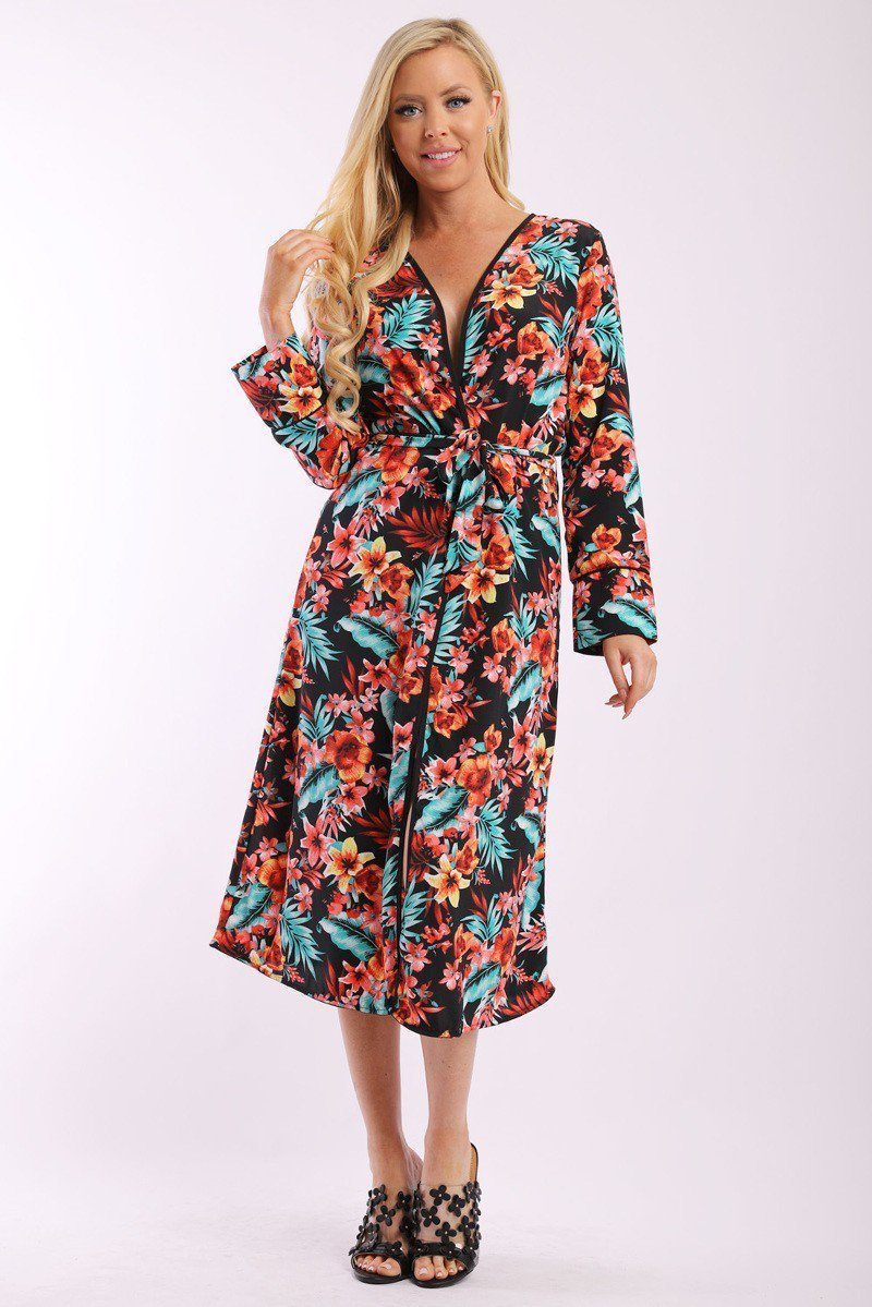 Floral Print Cardigan With Long Sleeves - Dresses