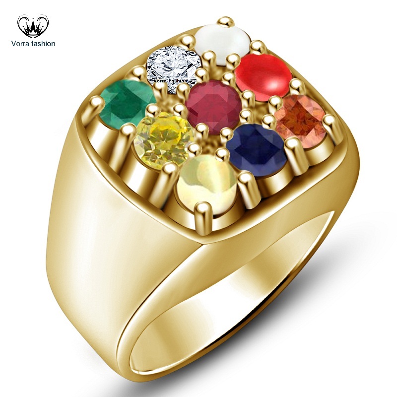 Navratna Men's Ring MultiColor Stone 14k Gold Plated Solid 925